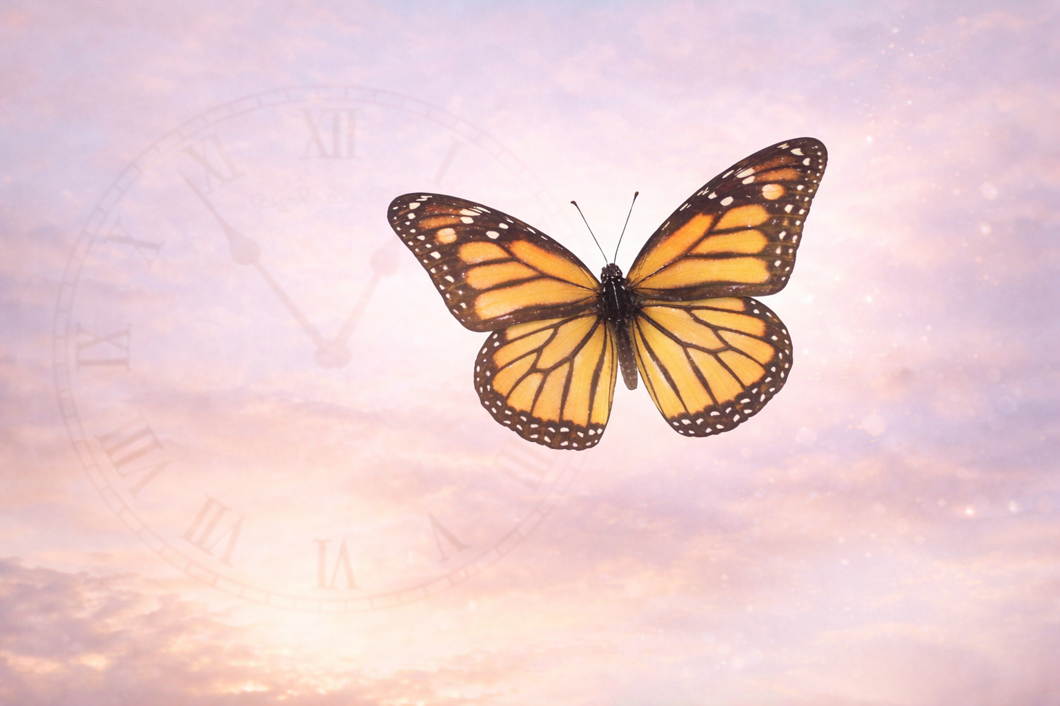 Monarch butterfly flying against a soft pink sky with a faint cosmic clock overlay