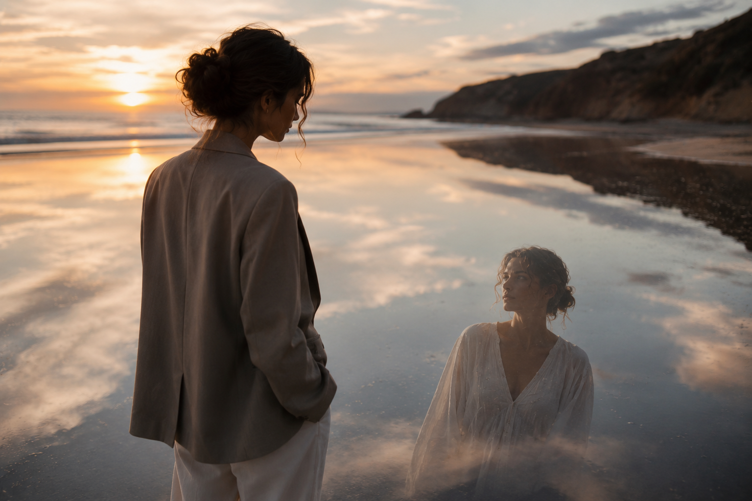 Woman reflected in shoreline water at sunset